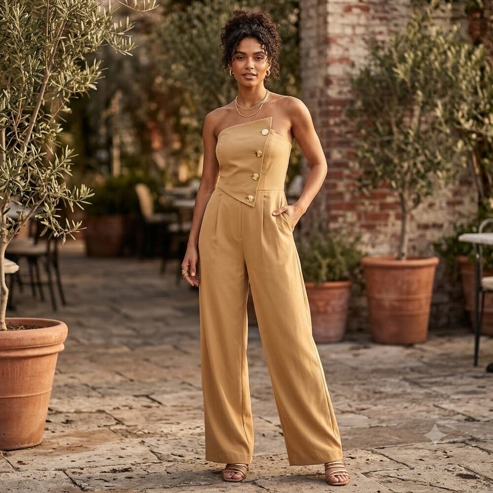 ASTRID Camel Strapless Asymmetrical Button Wide-Leg Jumpsuit XL